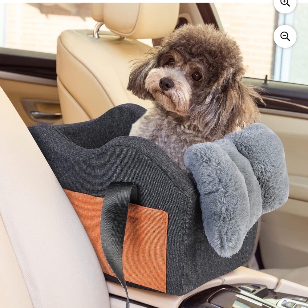 Gray & Orange Plush Dog Car Booster Seat - Secure Travel Bed